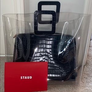 STAUD Black Croc Embossed Shirley Tote